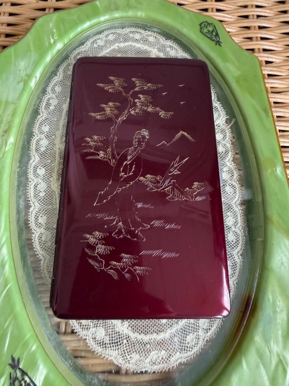 Vintage MCM Burgundy etched Woman Tree Japanese Cigarette Case Tin Metal